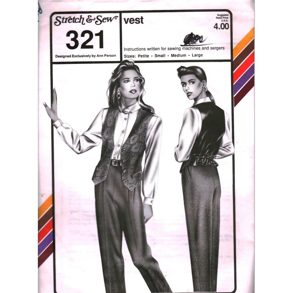 Vintage Stretch & Sew 321 Vest Sewing Pattern Ann Person Size P-M Retro 1989